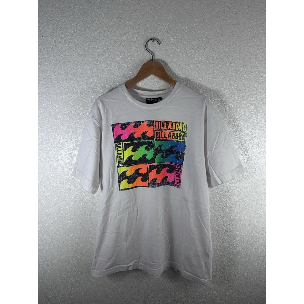 Billabong Graphic T-Shirt Men's XL White Neon Wave Logo Slim Fit Surf Skate